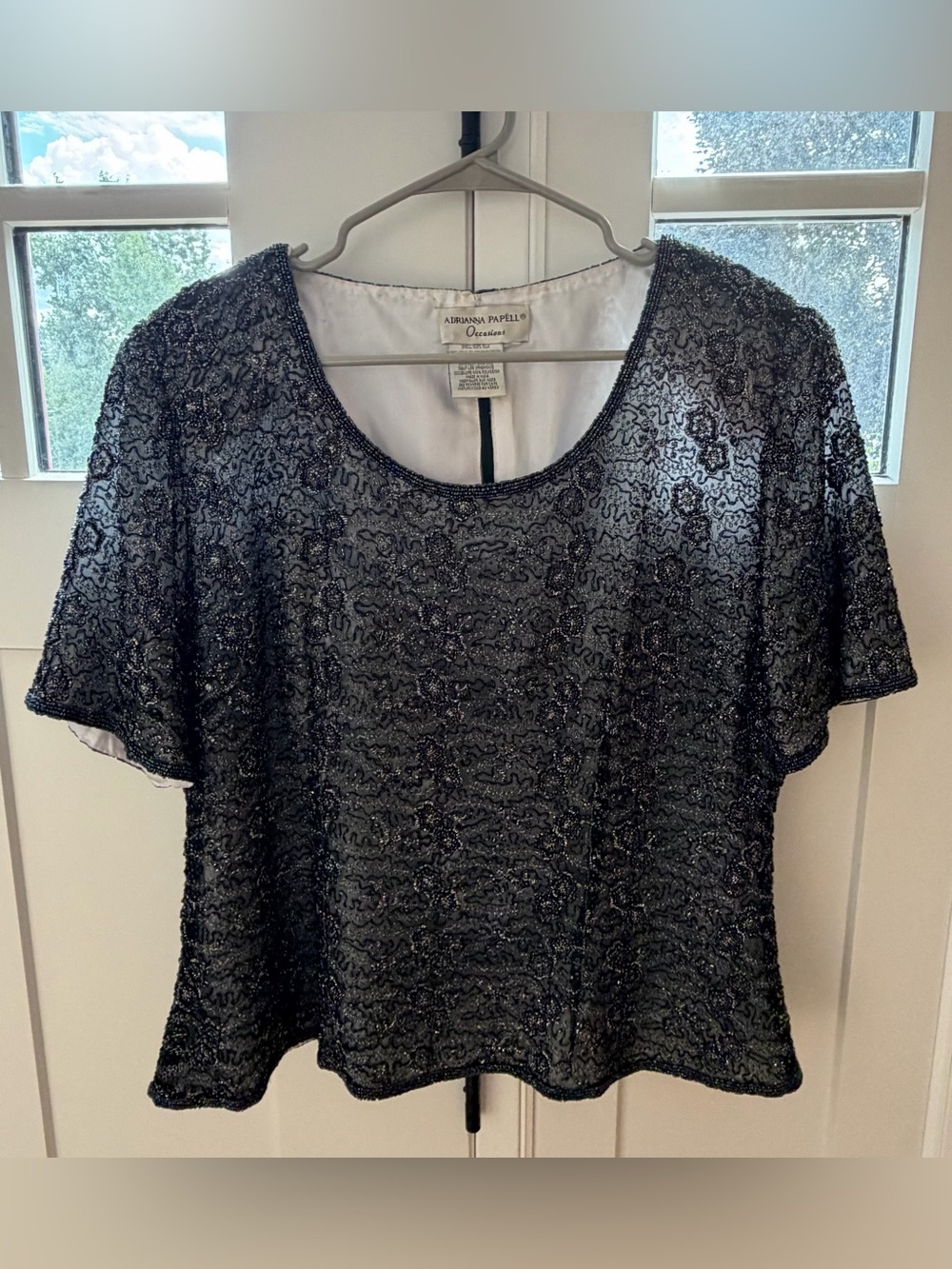 Vintage Adrianna Papell Black Gray Beaded Blouse Short Sleeve Scoop Neck Top 14